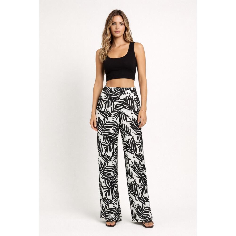 H&M Black & White Wide Leg Palm Print Pants